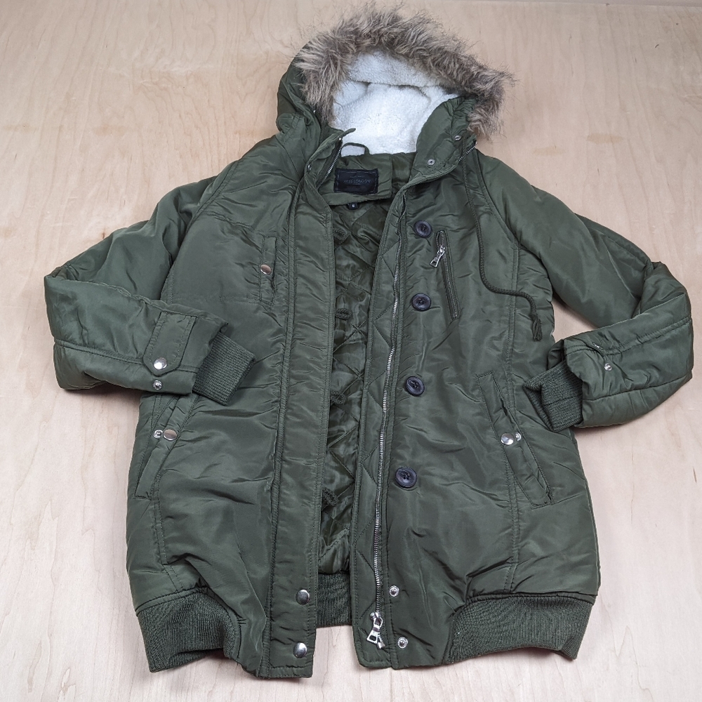 Miss London, Black Label, Hunter Green, Satin Puffer Coat Women's (M)
